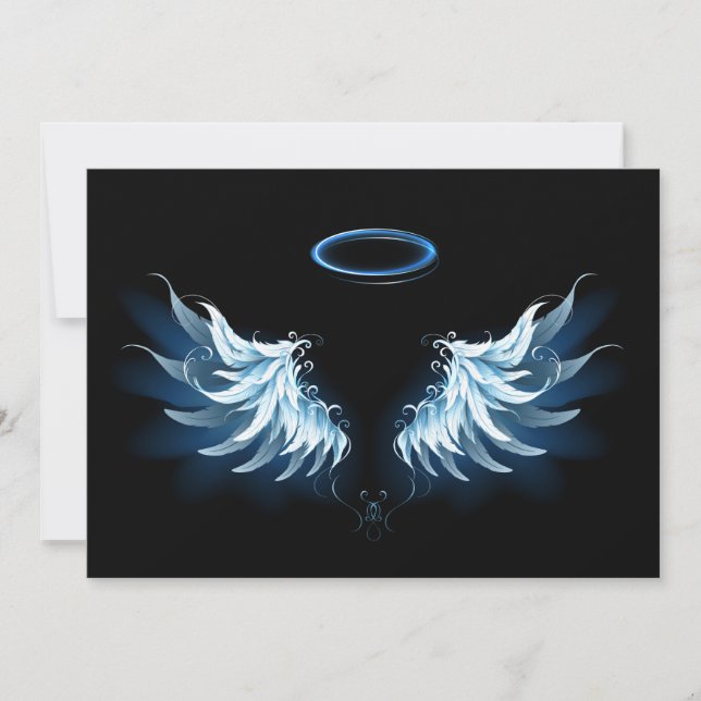 Blue Glowing Angel Wings on black background Card (Front)