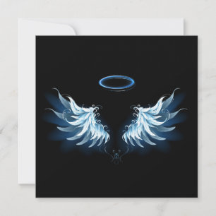 Blue Glowing Angel Wings on black background Card