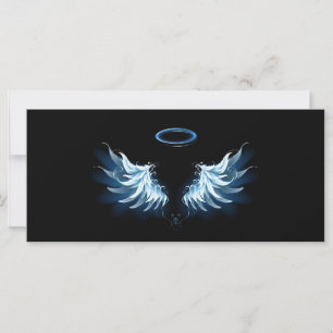 Blue Glowing Angel Wings on black background Card