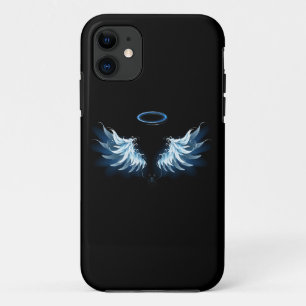 Blue Glowing Angel Wings on black background iPhone 11 Case