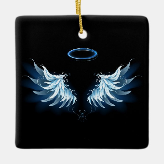 Blue Glowing Angel Wings on black background Ceramic Ornament (Front)