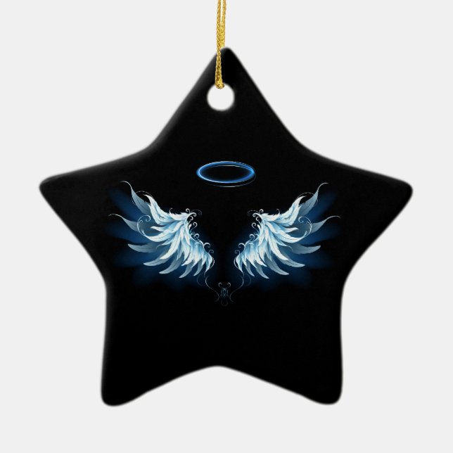 Blue Glowing Angel Wings on black background Ceramic Tree Decoration (Front)