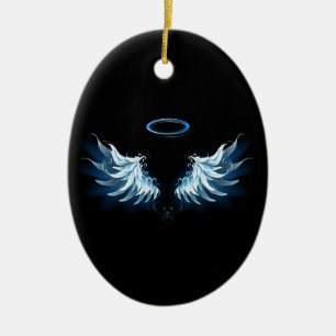 Blue Glowing Angel Wings on black background Ceramic Tree Decoration