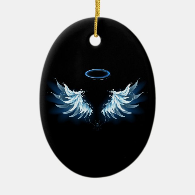 Blue Glowing Angel Wings on black background Ceramic Tree Decoration (Front)