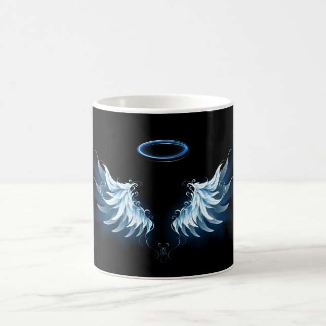 Blue Glowing Angel Wings on black background Coffee Mug (Center)