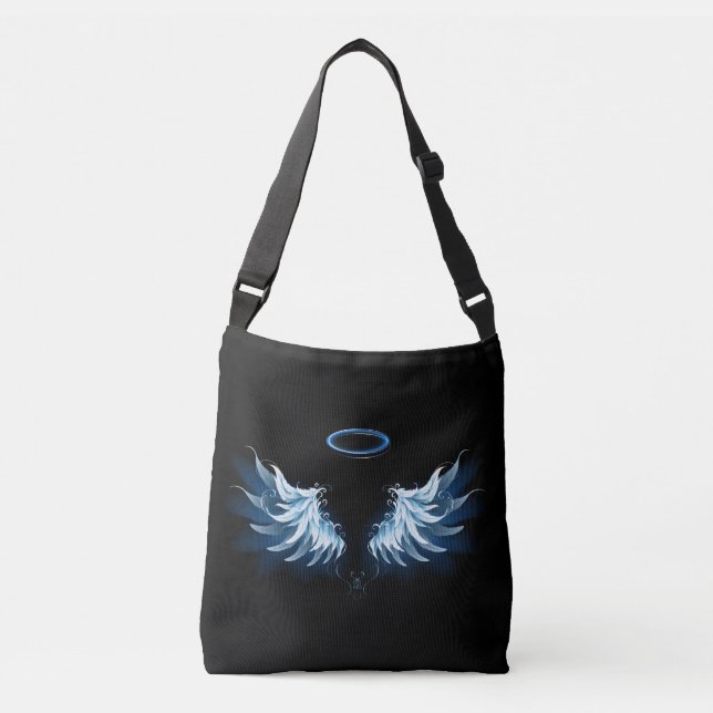 Blue Glowing Angel Wings on black background Crossbody Bag (Front)