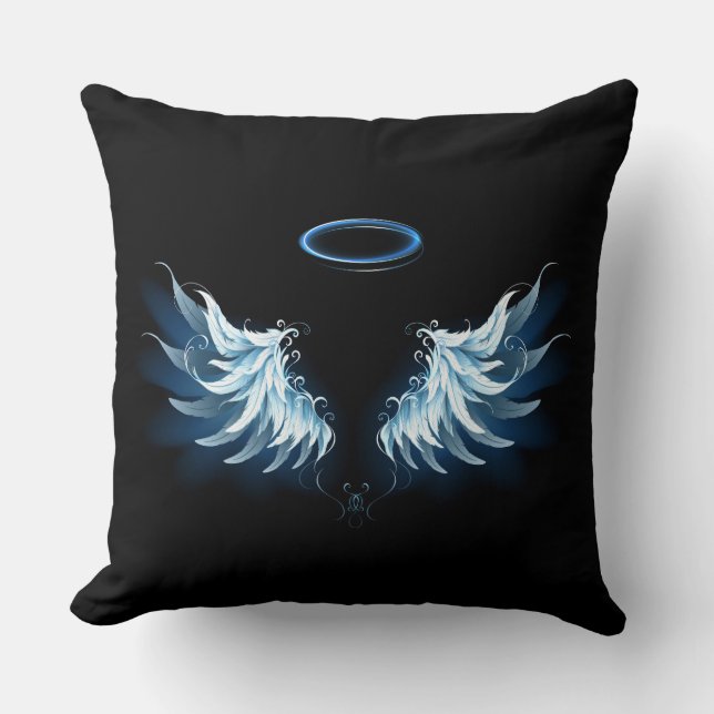 Blue Glowing Angel Wings on black background Cushion (Front)