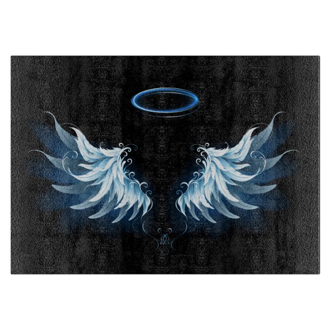 Blue Glowing Angel Wings on black background Cutting Board (Front)