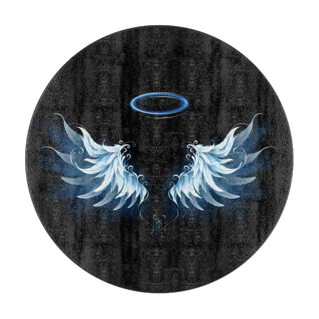 Blue Glowing Angel Wings on black background Cutting Board (Front)