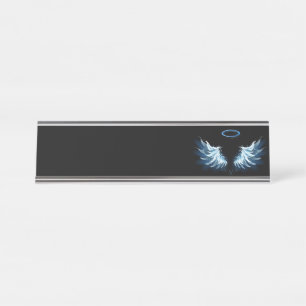 Blue Glowing Angel Wings on black background Desk Name Plate