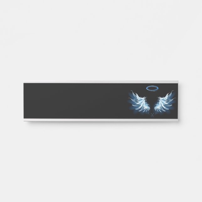 Blue Glowing Angel Wings on black background Door Sign (Front)