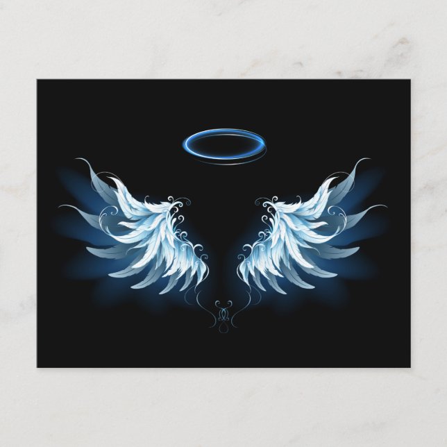 Blue Glowing Angel Wings on black background Enclosure Card (Front)