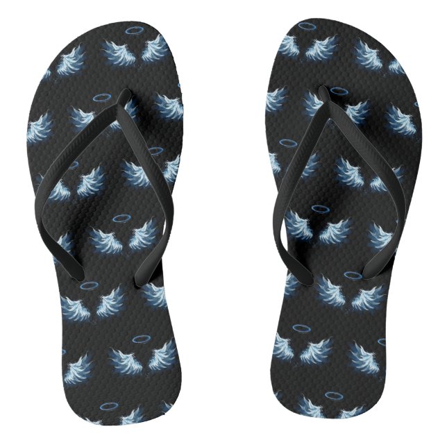 Blue Glowing Angel Wings on black background Flip Flops (Footbed)