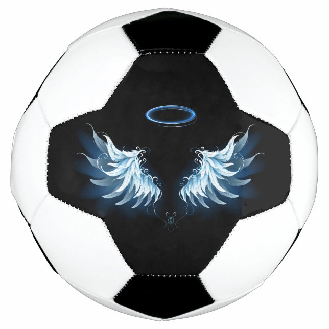 Blue Glowing Angel Wings on black background Football (Front)