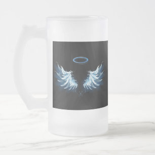 Blue Glowing Angel Wings on black background Frosted Glass Beer Mug