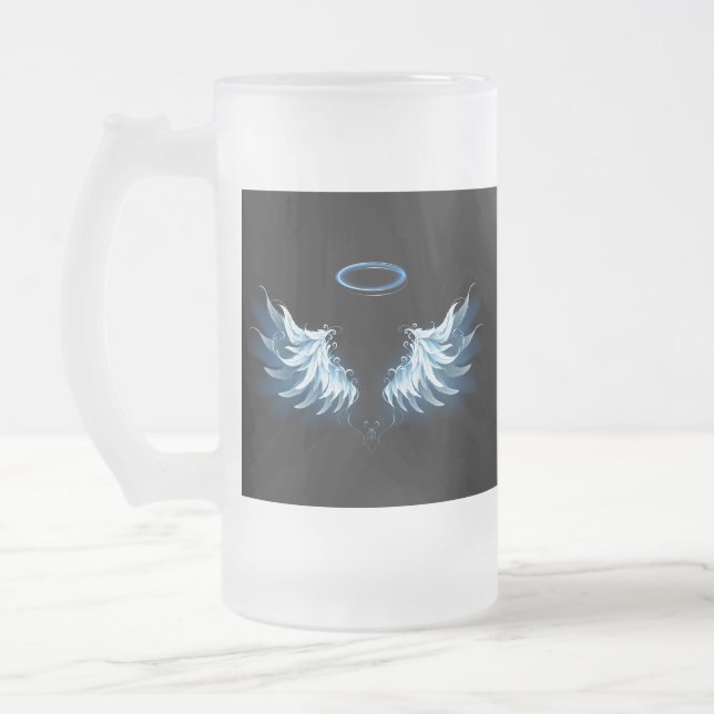 Blue Glowing Angel Wings on black background Frosted Glass Beer Mug (Left)