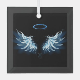 Blue Glowing Angel Wings on black background Glass Tree Decoration