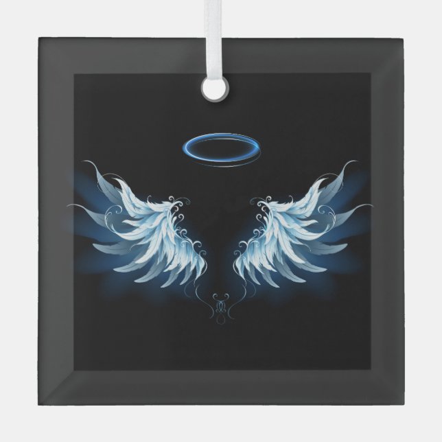 Blue Glowing Angel Wings on black background Glass Tree Decoration (Front)