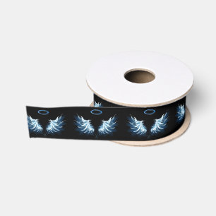 Blue Glowing Angel Wings on black background Grosgrain Ribbon