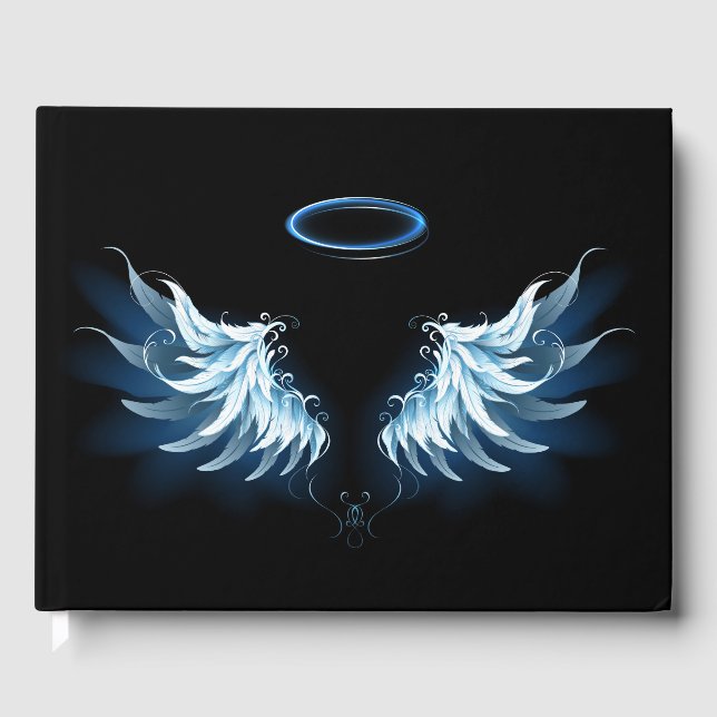 Blue Glowing Angel Wings on black background Guest Book (Front)