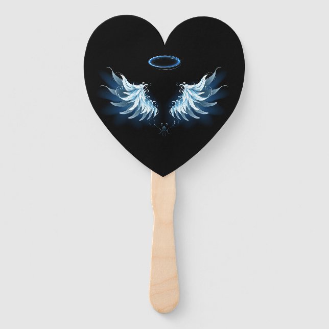 Blue Glowing Angel Wings on black background Hand Fan (Front)