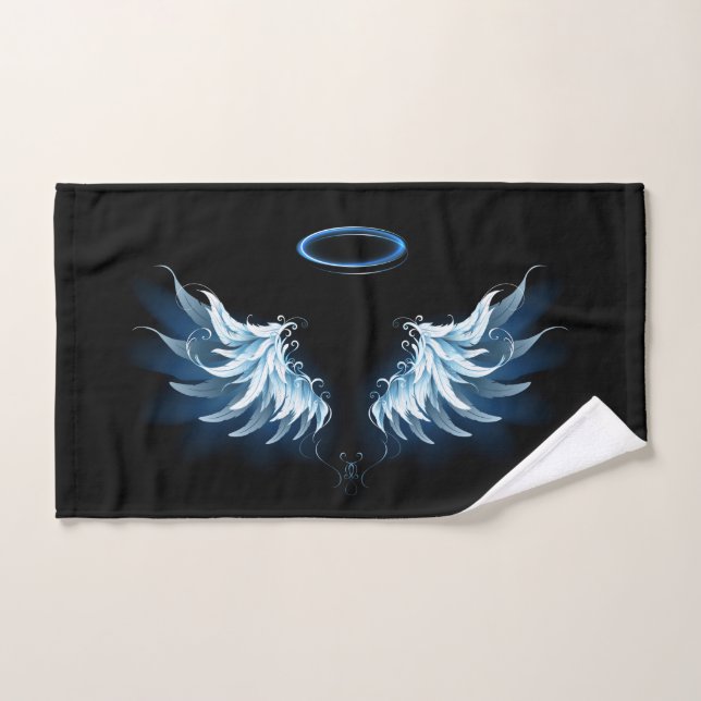 Blue Glowing Angel Wings on black background Hand Towel (Hand Towel)