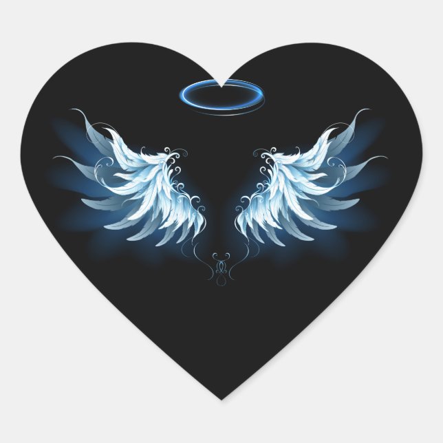 Blue Glowing Angel Wings on black background Heart Sticker (Front)