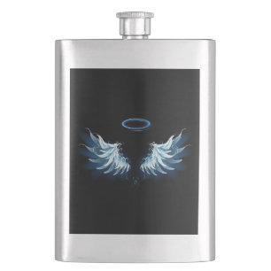 Blue Glowing Angel Wings on black background Hip Flask