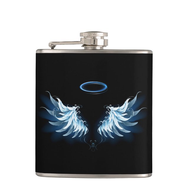 Blue Glowing Angel Wings on black background Hip Flask (Front)