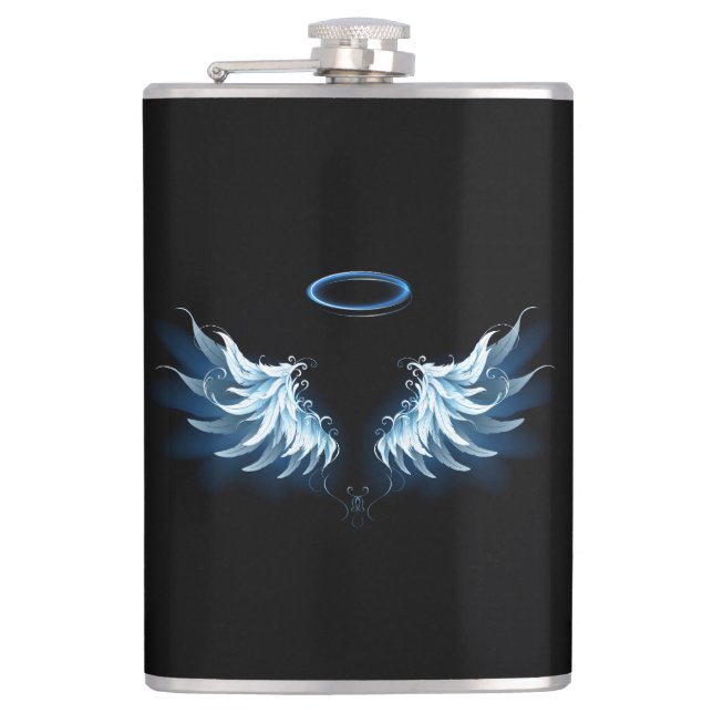 Blue Glowing Angel Wings on black background Hip Flask (Front)