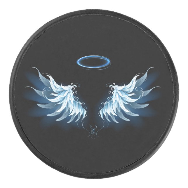 Blue Glowing Angel Wings on black background Hockey Puck (Front)