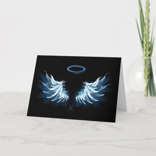 Blue Glowing Angel Wings on black background Holiday Card (Front)