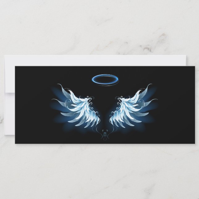 Blue Glowing Angel Wings on black background Holiday Card (Front)