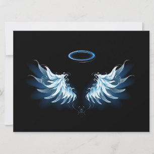 Blue Glowing Angel Wings on black background Holiday Card