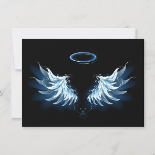 Blue Glowing Angel Wings on black background Invitation