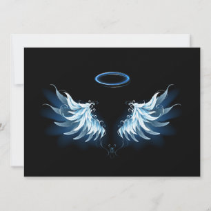Blue Glowing Angel Wings on black background Invitation