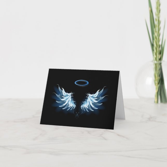 Blue Glowing Angel Wings on black background Invitation (Front)