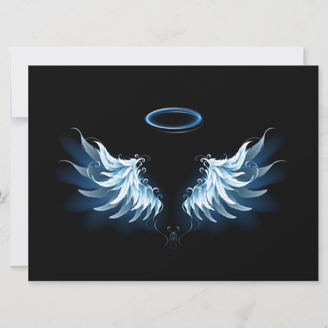 Blue Glowing Angel Wings on black background Invitation (Front)