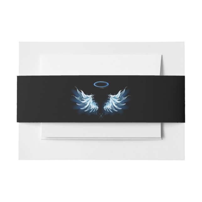 Blue Glowing Angel Wings on black background Invitation Belly Band (Front Example)