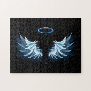 Blue Glowing Angel Wings on black background Jigsaw Puzzle