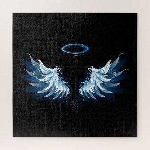 Blue Glowing Angel Wings on black background Jigsaw Puzzle
