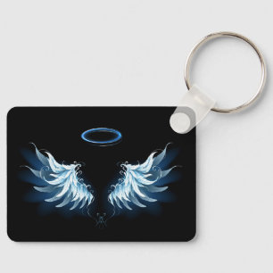 Blue Glowing Angel Wings on black background Key Ring