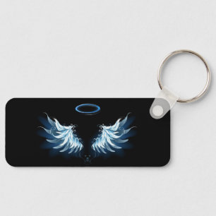 Blue Glowing Angel Wings on black background Key Ring