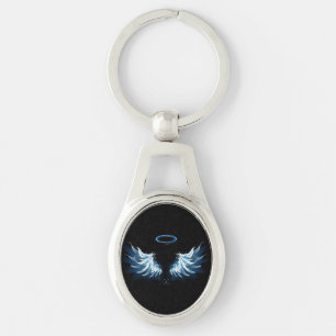 Blue Glowing Angel Wings on black background Key Ring