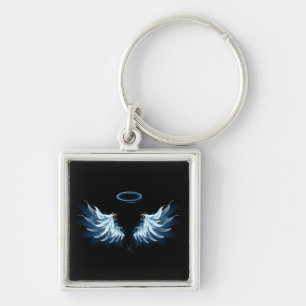 Blue Glowing Angel Wings on black background Key Ring