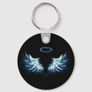 Blue Glowing Angel Wings on black background Key Ring