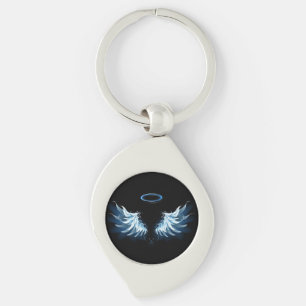 Blue Glowing Angel Wings on black background Key Ring