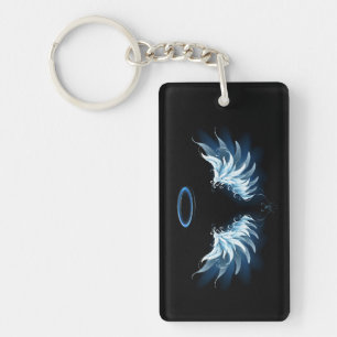 Blue Glowing Angel Wings on black background Key Ring