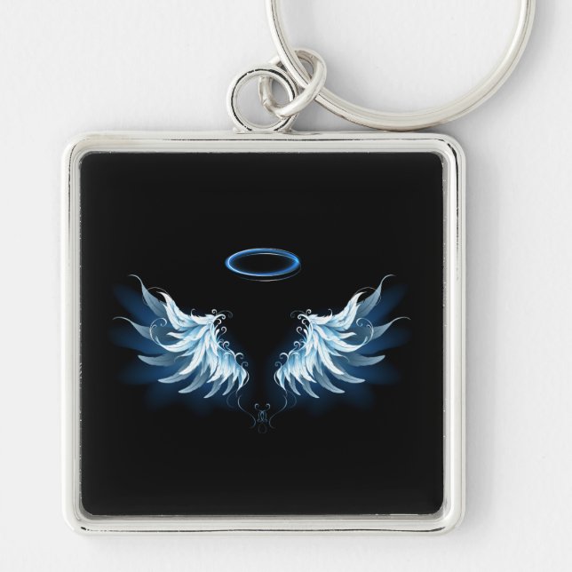 Blue Glowing Angel Wings on black background Key Ring (Front)