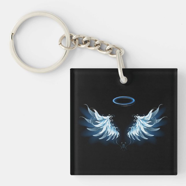 Blue Glowing Angel Wings on black background Key Ring (Front)